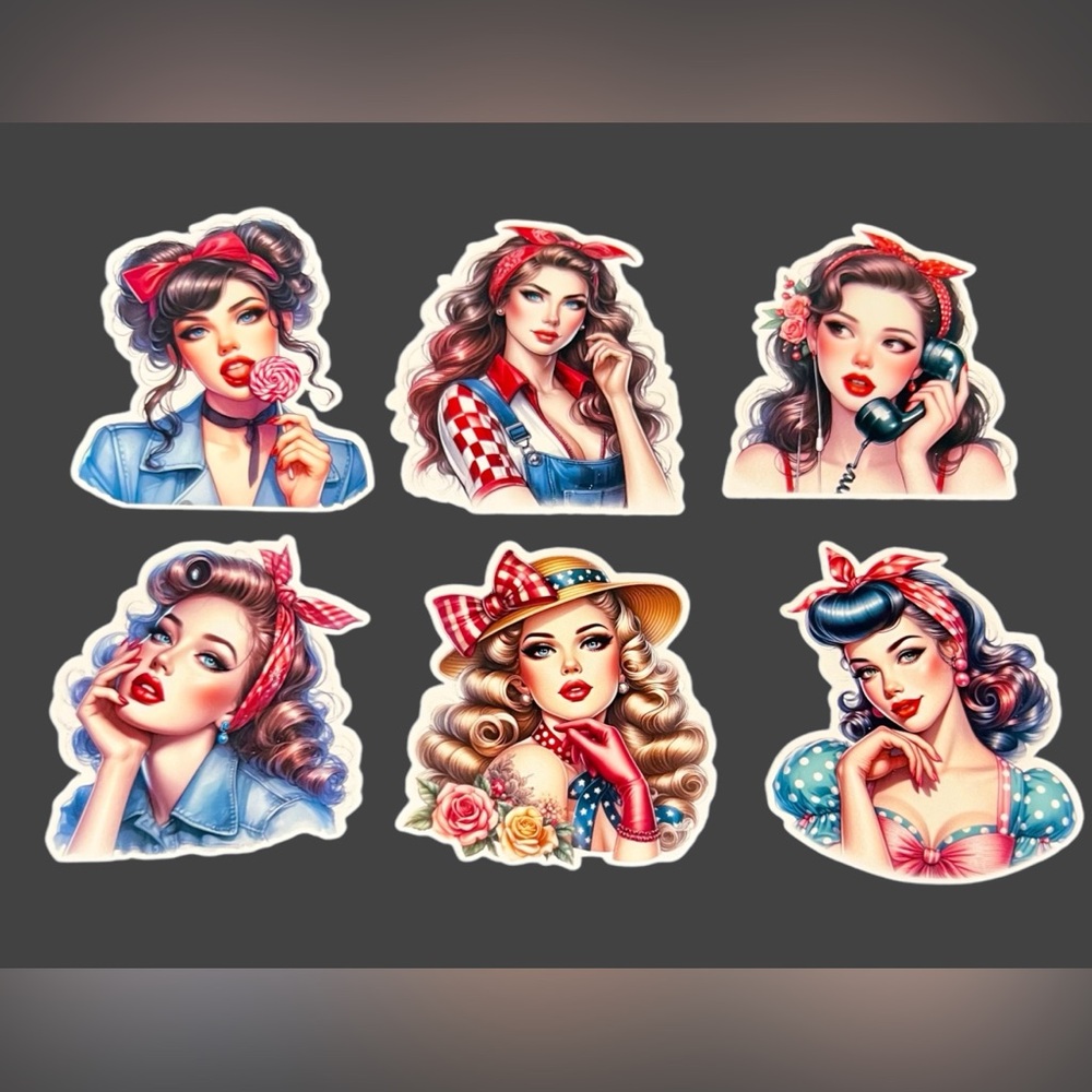 Set of 6 Vintage Pin-Up Girl Stickers approx. 2.3 x 2.7 inches | Retro Glamour &